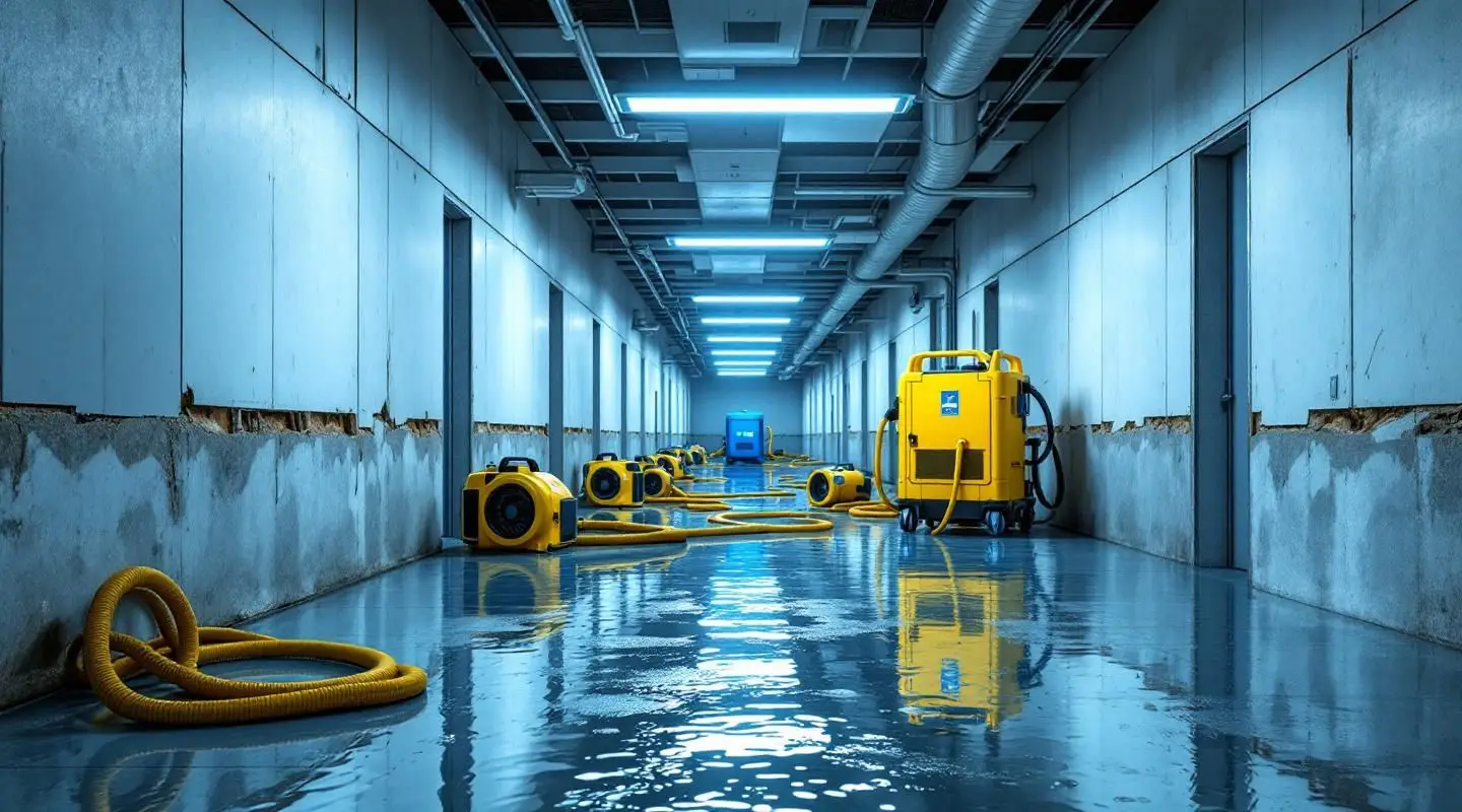 Restoration technicians using industrial-grade drying equipment in a Boise commercial building to mitigate flood damage.