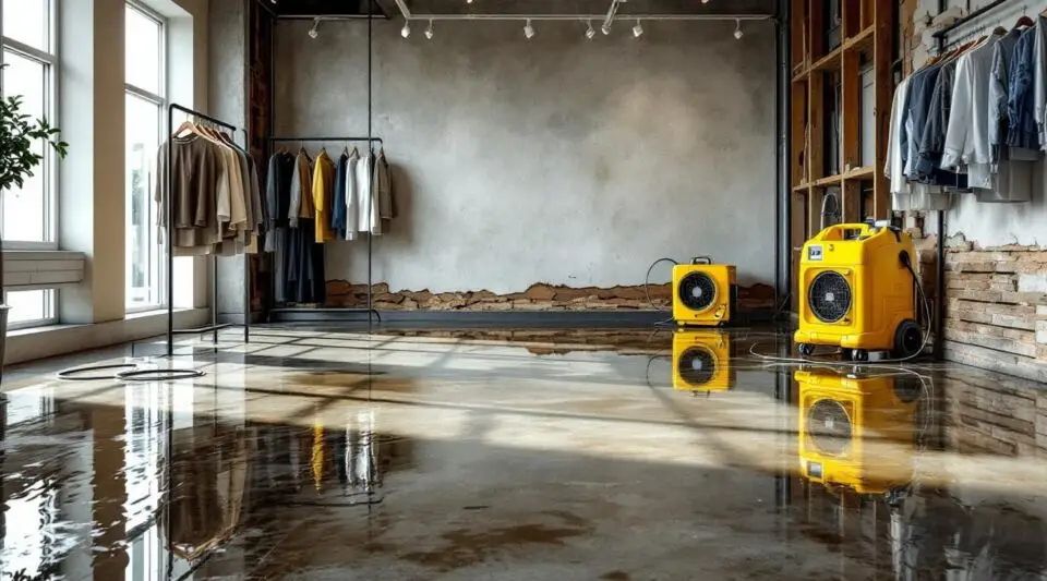 Restoration technicians using industrial water extractors on a flooded retail showroom floor in Boise.