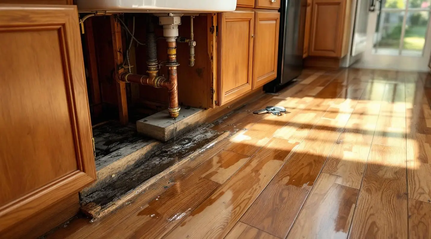 Restoration technician using a moisture probe and air mover to dry cabinets under a kitchen sink in a Boise home.