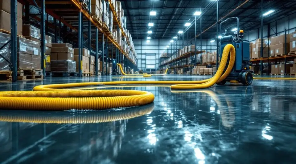 Commercial technicians using high-volume water extraction pumps on a flooded Boise warehouse concrete floor.