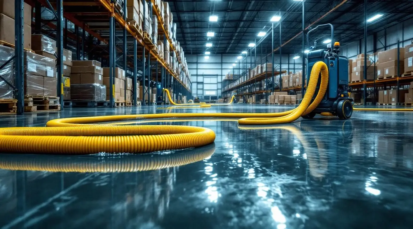 Commercial technicians using high-volume water extraction pumps on a flooded Boise warehouse concrete floor.