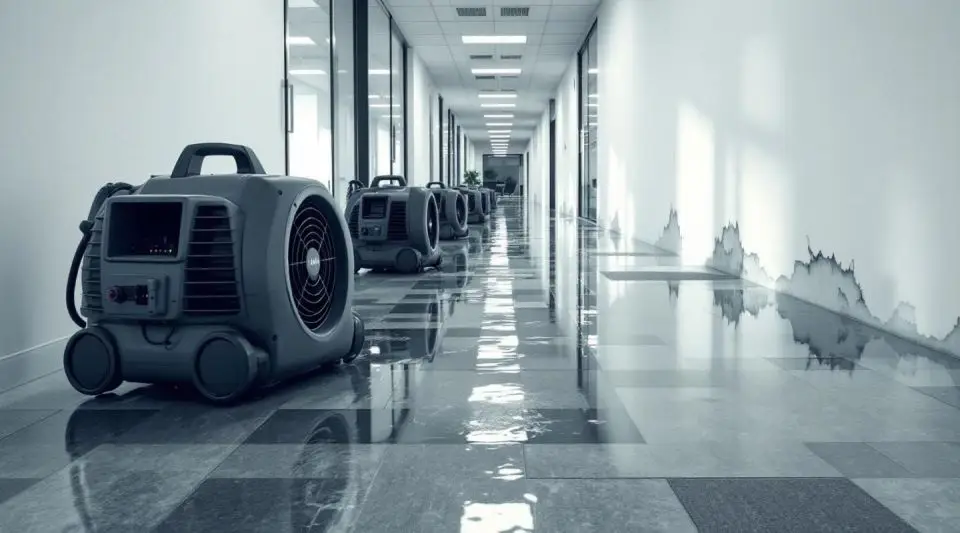 Professional water restoration crew using industrial LGR dehumidifiers in a flooded Boise office lobby.
