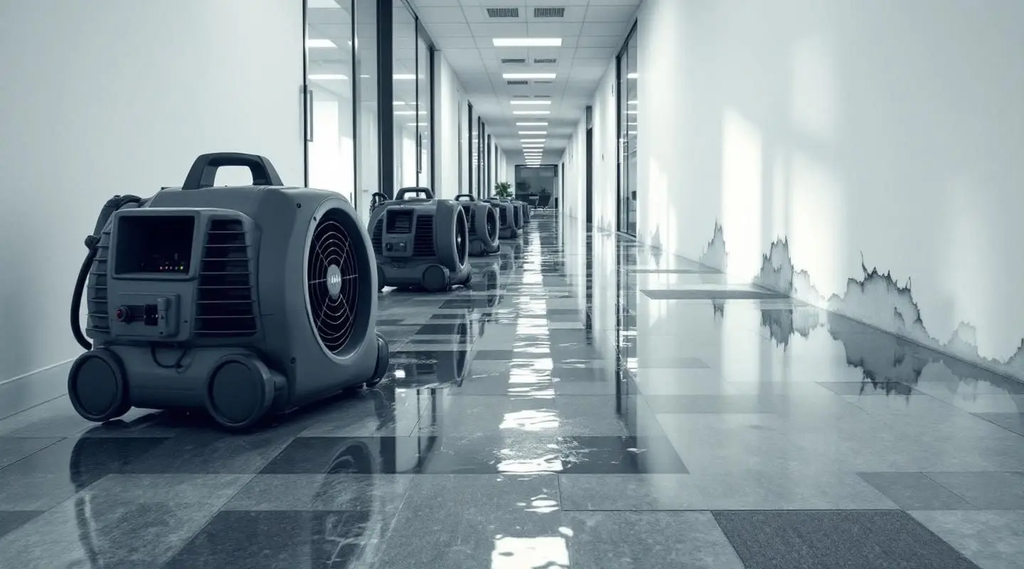 Professional water restoration crew using industrial LGR dehumidifiers in a flooded Boise office lobby.
