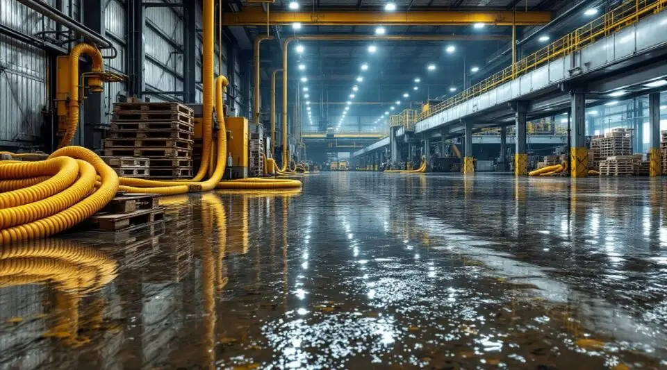 Professional restoration crew operating high-volume water extraction equipment in a flooded Boise industrial warehouse.