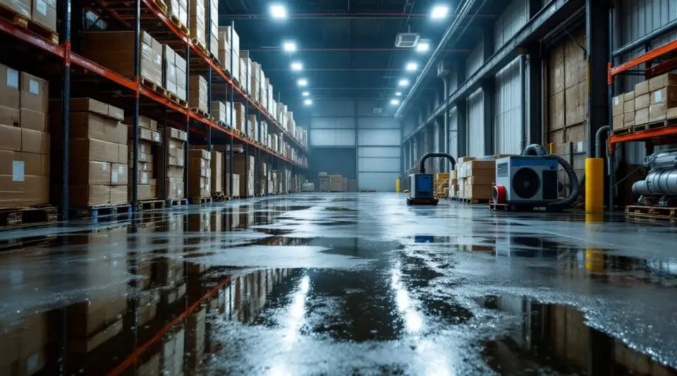 Industrial water extraction equipment and high-capacity air movers positioned on a wet concrete warehouse floor in Boise.