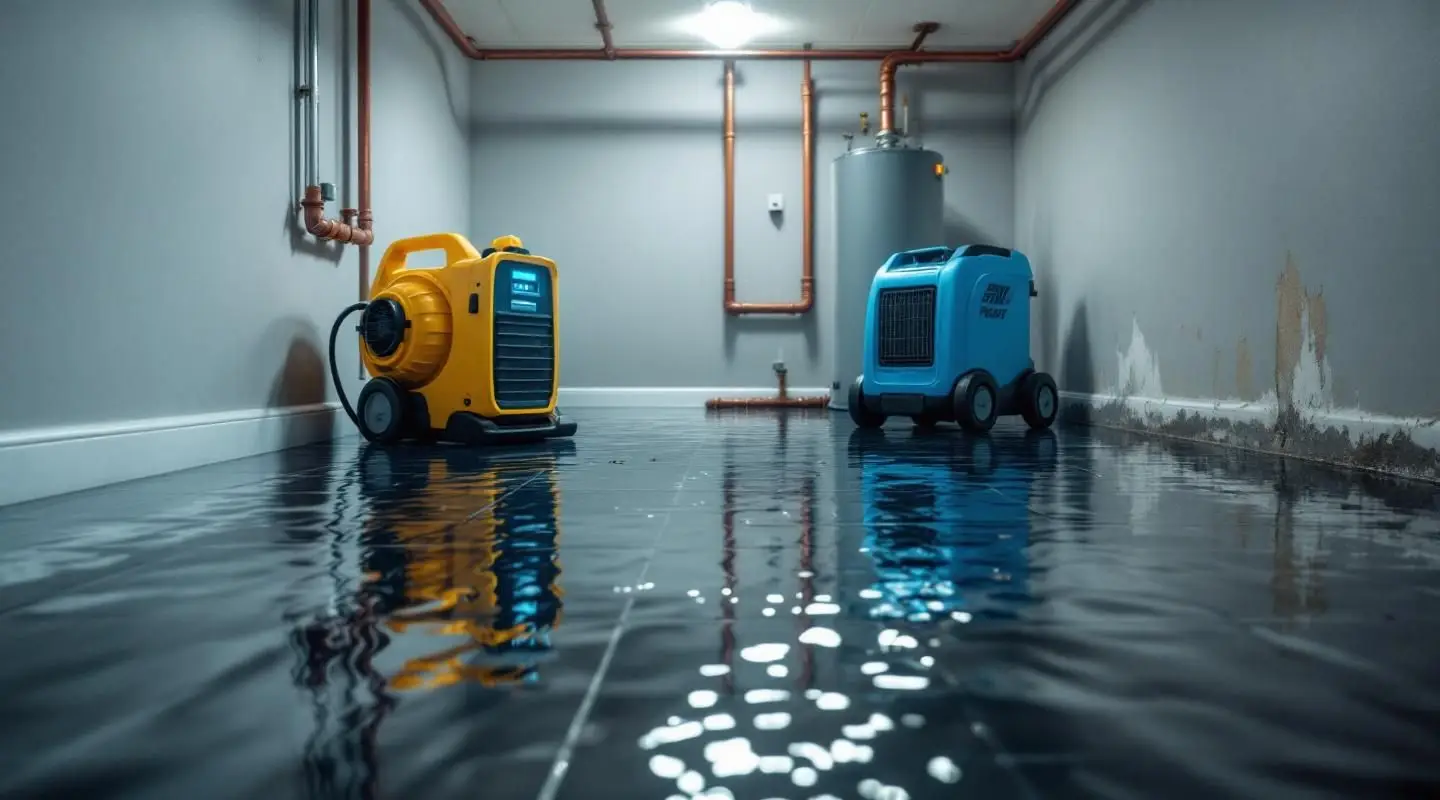 MoldMasters technician using professional water extraction equipment and air movers in a flooded Boise basement.